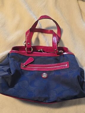 Coach Navy Canvas Tote with Hot Pink Patent Trim
